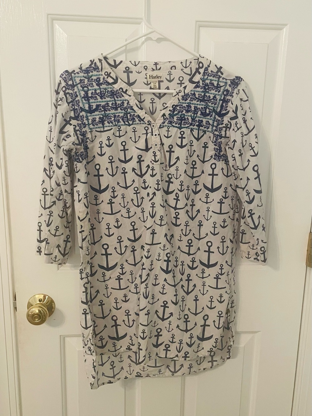 Hatley White Tunic with Navy Anchor Print and Blue Embroidered Yoke